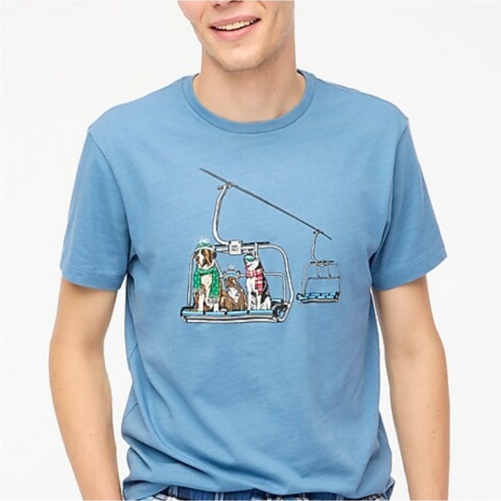 NWT J Crew Factory Dog ski lift graphic blue cotton tee winter Sold out XL - Picture 1 of 6